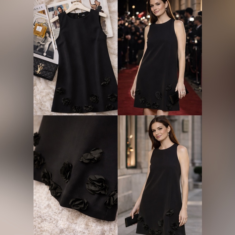 Anne Klein Black Floral Hem Crepe Shift Dress Size 6 NWT - Picture 2 of 6